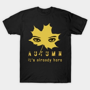 Autumn. Gold leaf and woman's eyes on black background T-Shirt